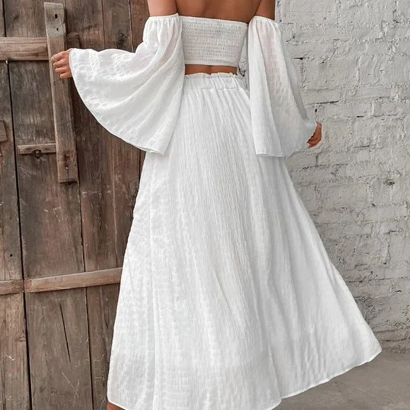 White Preppy Womens Off Shoulder Shirred Crop Top & Frill Trim Split Thigh Skirt - Picture 2 of 5